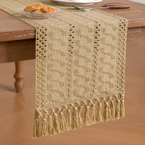Socomi Boho Table Runner Summer Farmhouse Rustic Dining Kitchen Centerpiece Decor Small Macrame Woven Cotton Linen Coffee Table Runner for Dresser Scarf Home Decor 12x48 inch Champagne - color: Champagne, size: 12" X 48"
