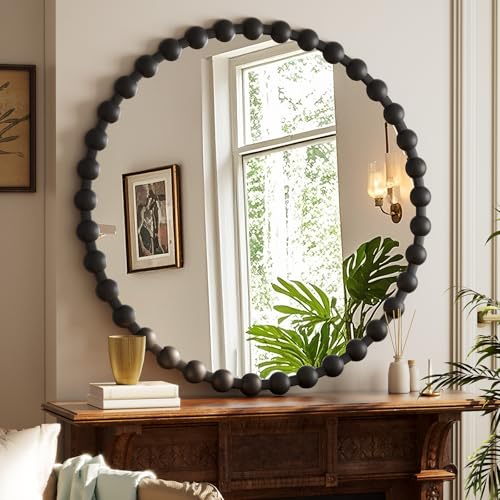 Easly Round Mirror for Wall, 36 Inch Black Beaded Frame Decorative Vanity Mirror, Circle Bathroom Mirror with High-Definition Lense, Modern Wall Decor for Bathroom, Living Room, Bedroom, Entryway - color: Black, size: 36"L x 36"W