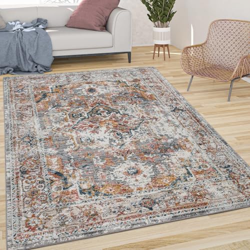 Paco Home Vintage Rug Oriental Design with Ornaments and Border in Faded Multicolor, Size: 4' x 5'7" - color: Multi Color, size: 4' x 5'7" (Rectangular)