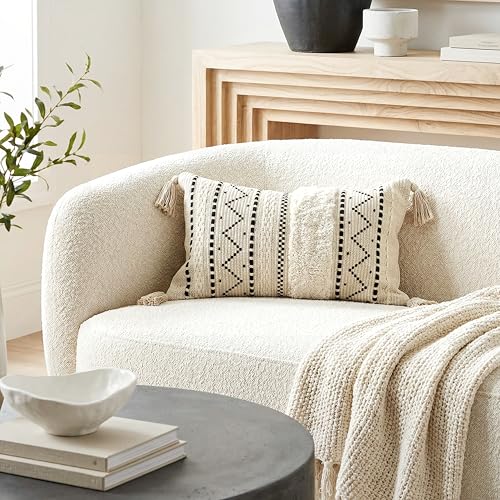 BlissBlush 12x20 Lumbar Pillow Cover, Cream Neutral Rectangular Decorative Cushion Cover with Black Pattern, Cotton Boho Accent Pillowcase with Tassels for Couch Sofa Living Room (Cover Only) - color: Black, size: 20" x 12" (Pack of 1)