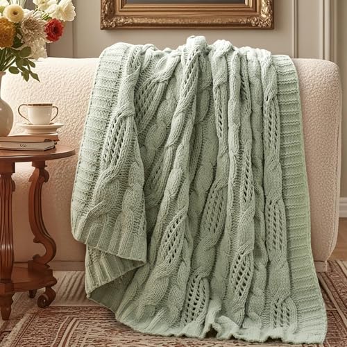 Amélie Home Chunky Knit Throw Blanket, Dual-Sided Soft Chenille Breathable Cable Knitted Blanket for Couch, Farmhouse Decorative Throw for Sofa & Chair, 50"x60", Sage Green - color: Sage Green, size: Cable Knit 50"x60"