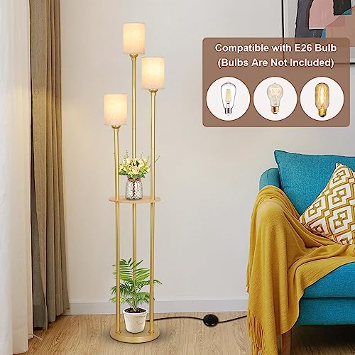 Floor Lamps for Living Room, 3-Lights Modern Floor Lamp with Shelves, Gold Standing Lamp with Fabric Shade and Foot Switch, Shelf Standing Lamps with Table, Tall Table Lamps for Bedroom Office - style: Gold-Fabric Shade