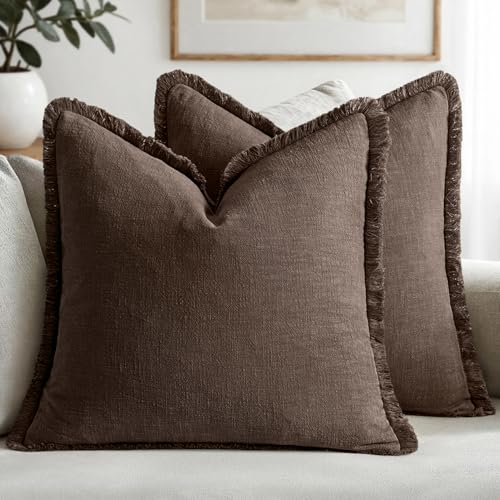 MIULEE Decorative Throw Pillow Covers Neutral Linen Fringe Throw Pillows Set of 2 Reddish Brown Boho Farmhouse Cushion Covers for Couch Sofa Bed Living Room Spring Home Decor 16x16 Inch - color: Reddish Brown, size: 16" x 16" (Pack of 2)