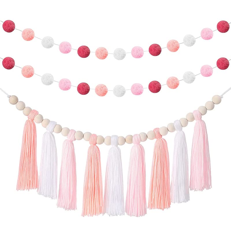 3PCS/Set Boho Tassel Garland,BetterJonny Boho Tassel Garland Wall Hanging Decor Pastel Banner with Wood Beads and 2Pcs Pom Pom Felt Ball for Home and Outdoor Decor - color: Style -1