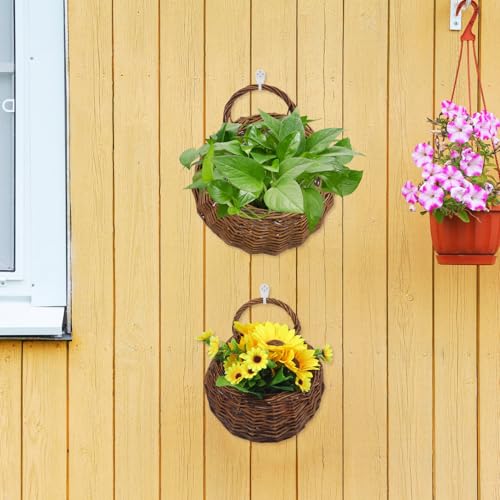 LIOOBO 2pcs Woven Rattan Wall Hanging Flower Pots Set Small Medium Plant Containers for Indoor Outdoor Garden Rustic Hanging Planter Baskets for Succulents