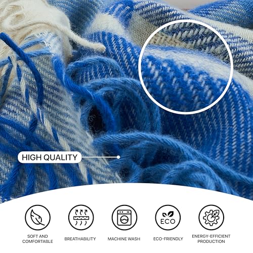 New Zealand Virgin Wool Throw Blanket, Indoor and Outdoor Blankets and Throws, Comfortable Soft Blanket with Fringes and Tartan Pattern, 67 x 79 in, Queen Size, Blue and White - color: Blue and White