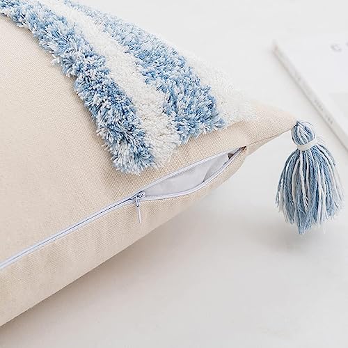 Boho Tufted Throw Pillow with Tassels, Country Thick Striped Style Soft Cushion Cover Decor wuth Zipper for Chair Bed Couch Living Room (Light Blue,12" x 20") - color: Light Blue, size: 12" x 20"