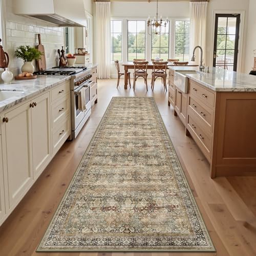 2x8 Hallway Runner Rug, Washable Vintage Retro Long Runner Rugs for Kitchen Laundry, Soft Ultra Thin Non Slip Low Pile Traditional Distressed Boho Carpet for Bedroom Bathroom, Charcoal Olive - color: B-charcoal / Olive, size: 2x8