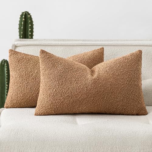 Pack of 2 12x20 Inch Decorative Boucle Throw Pillow Covers Textured Lumbar Pillowcaes Accent Solid Cozy Soft Cushion Covers Home Decor for Sofa Couch Living Room Home Decor,Brown - color: Brown, size: 20" x 12" (Pack of 2)