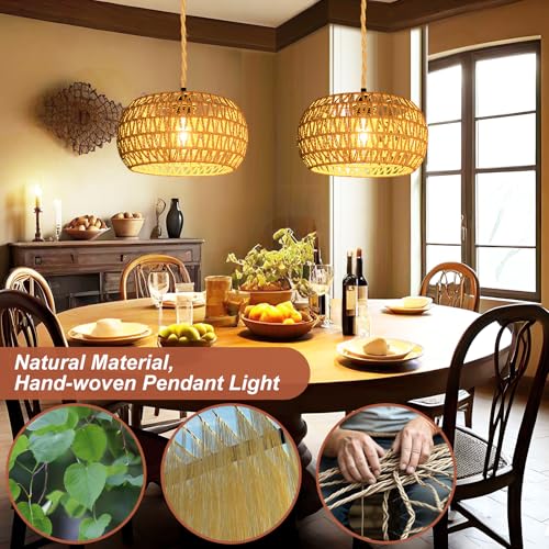 Hanging Lights with Plug in Cord Rattan Hanging Lamp Boho Ceiling Light Fixtures Farmhouse Pendant Lamp Shape for Living Room Bedroom Kitchen - size: 12.6 Inch-Drum Shade