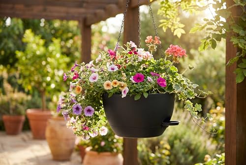 Hanging Planters, 3-Pack 10 Inch Self-Watering Pots with Drainage Holes and Chains, Matte Plastic Planters for Indoor/Outdoor Plant（Black） - color: Black, size: 10 inches