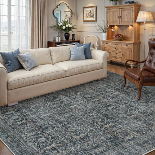 Collive Washable Area Rug 8x10, Vintage Distressed Rugs for Living Room Rugs 8x10 Non Slip Modern Bedroom Carpet Stain Resistant Aesthetic Print Accent Floor Mat for Dining Office - Blue/Grey - color: Blue/Grey, size: 8' x 10' (Rectangular)