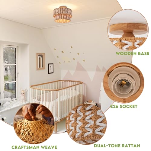 Boho Light Fixtures 2-Tier Rattan Ceiling Light Handwoven Drum Lamp Shade Flush Mount Ceiling Light Wooden Canopy Small Chandelier for Hallway Entryway Bedroom Kitchen Nursery Lights - color: 2-tone