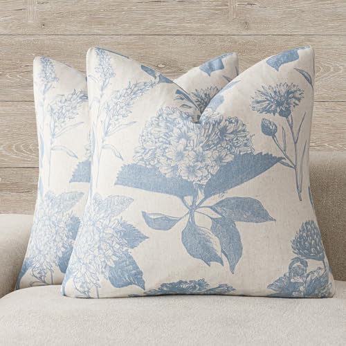 Foindtower Set of 2 Linen Floral Vintage Throw Pillow Covers Neutral Accent Decorative Cozy Cushion Covers Farmhouse Boho Home Decor for Sofa Chair Couch Bedroom Living Room,18×18 Inch,Sky Blue - color: Sky, size: 18" x 18" (Pack of 2)