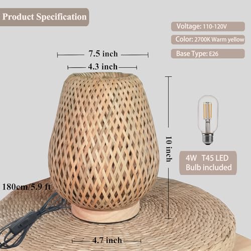 Boho Table Lamp - Small Lamps for Bedroom, Wicker lamp, Rattan Lamp, Boho Bamboo Woven Table Lamp for Bedroom Living Room Desk, 2700K T45 LED Bulb Included