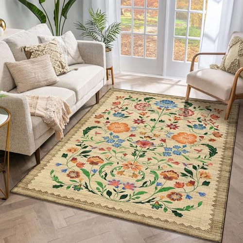 GarveeHome Washable Rug 3x5 Area Rugs for Living Room, Floral Rug for Bedroom, Soft Boho Non Slip Throw Rugs with Rubber Back, Low Pile Stain Resistant Vintage Floral Carpet for Dining Room, Beige - color: C Brown, size: 3' x 5' (Rectangular)
