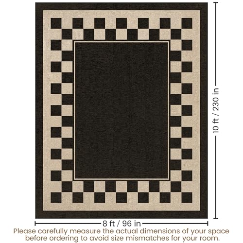 Washable Checkered Easy Jute Rug 8x10, Black Checkerboard Geometric Modern Outdoor Indoor Patio Large Bordered Rug, Woven Thin Carpet for Living Dining Play Room Bedroom Classroom Kids Nursery - color: Checkerboard -1 Black / Nature, size: 8' x 10'