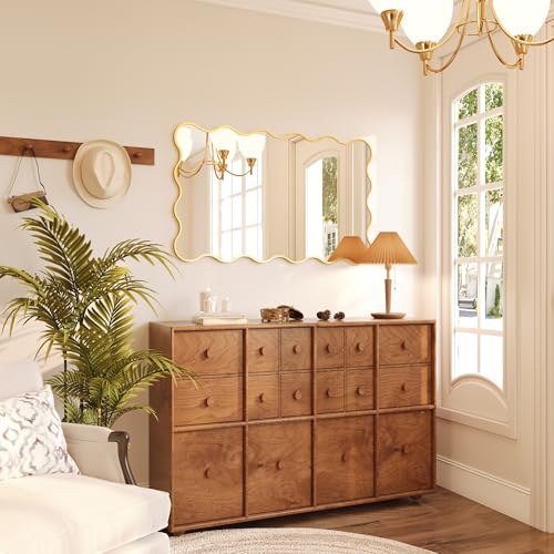 Kelly Miller 30x48 Inch Gold Scalloped Mirror, Large Rectangular Wavy Edge Bathroom Vanity Wall Mirror Decorative for Bedroom Living Room Entryway Fireplace Mantle - size: 48"L x 29.2"W
