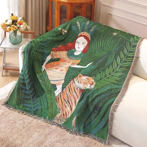 LumiSyne Double-Sided Cotton Woven Throw Blanket with Tassel Jungle Bohemian Style Tapestry Shawl Multi-Function Decorative Throws for Sofa Bed Armchair Camping Blanket Tablecloth Carpet 160x130cm - color: Searching for Traces Through the Jungle