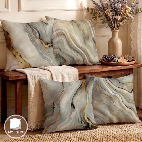OBSEDE Grey Gold Marble Throw Pillow Covers 18x18 Set of 4, Farmhouse Decor for Home Couch Sofa Living Room, Rustic Floral Decorative Cushion Cases - color: Grey Gold Marble