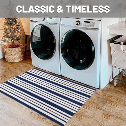 IOHOUZE Navy and White Striped Rug 2'x3' Front Door Rugs, Small Washable Area Rug for Front Porch, Spring Summer Doormats Outdoor Indoor, Cotton Rugs for Entryway Porch Entrance - color: Navy and White Stripe, size: 2' x 3' (Rectangular)