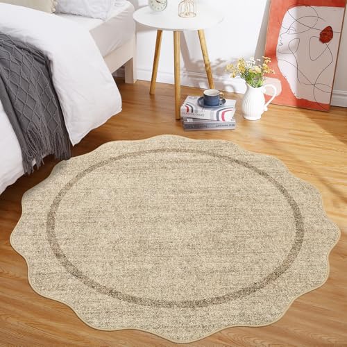GarveeHome Scalloped Round Area Rugs, Washable Small Round Rug 3ft Non-Slip, Soft Boho Ultra-Thin Circle Low Pile Stain Resistant Carpet for Bedroom Entryway Kitchen Laundry Bathroom, Jute Color - color: Jute, size: 3' (Round)