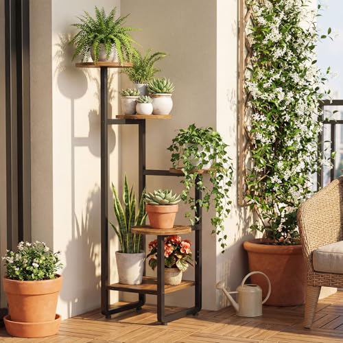 HOOBRO Plant Stand Indoor, 5 Tiered Plant Shelf for Multiple Indoor Plants, Square Corner Plant Stand for Living Room, Balcony, Patio, Rustic Brown and Black BF07HJ01
