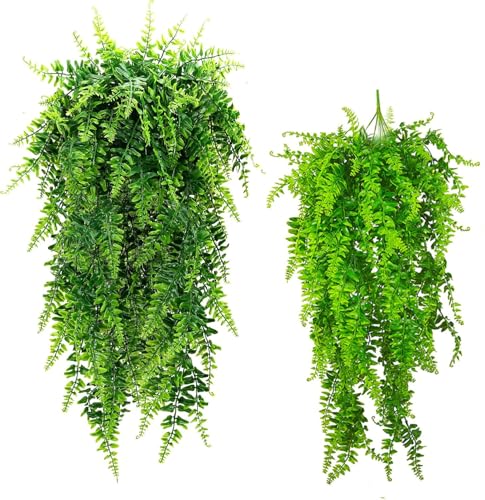 GBESTWOOW Fake Fern Artificial Hanging Ferns Outdoor Faux Hanging Greenery Plant Indoor UV Resistant Plastic Plants for Wall, Wedding Party, Holiday Decor-2Pcs - size: 32in