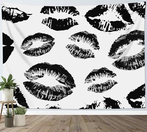 SCECALA Black and White Kiss Lips Tapestry Modern Fashion Makeup Wall Art Tapestry Vintage Fashion Aesthetic Wall Hanging for Girls Bedroom College Dorm Makeup Room Home Decor 80x60 Inch - color: Black, size: 60"L x 80"W