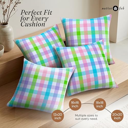 Native Fab Checkered Pillow Covers 2 Pack, 12x20 Inches, 100% Cotton, Buffalo Plaid, Rustic Cushion Cases, Great for Farmhouse Easter, Spring Home Decor, Living Room, Sofa, Counch, Easter Checks - color: Gingham Pastel, size: 20" x 12" (Pack of 2)