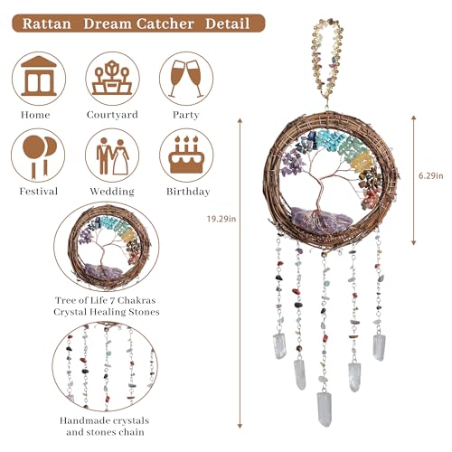 Dream Catcher - Dreamsum 7 Chakra Tree of Life Dream Catcher Native Boho Dreamcatcher Rattan Wall Decor, Handmade Natural Rattan Brown Crystal Hanging Decor for Bedroom Living Room (Dark Brown) - style: Rattan-Crystal