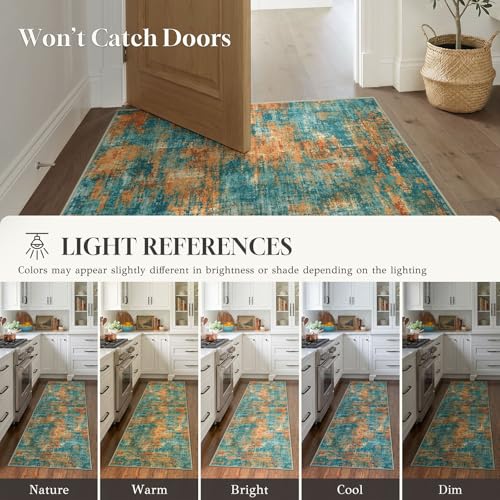 Lansny Abstract Small Area Rug 2x3 Entryway Rugs Washable Indoor Door Mat Entrance, Colorful Non Slip Kitchen Rugs, Throw Rug Printed Faux Wool Floor Carpet for Front Door Foyer Entry Sink - color: Vintage Teal / Orange / Rust, size: 2' x 3' (Rectangular)