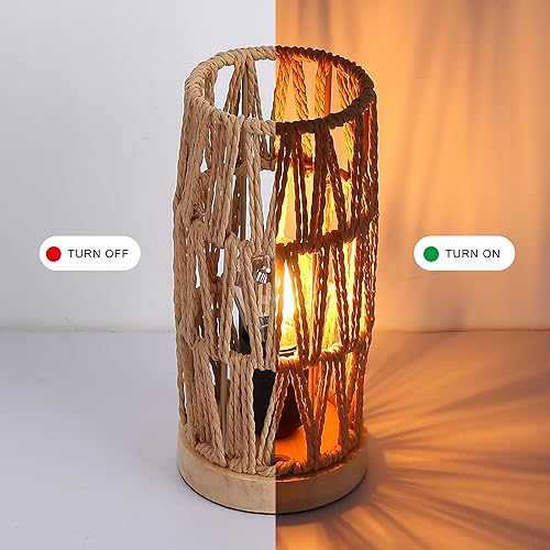 Bamboo Rattan Table Lamp for Living Room, Boho Handmade Woven Cylinder Lampshade Standing Lamp with Natural Wooden Base, Industrial Wicker Desk Light Decoration for Bedroom, Farmhouse