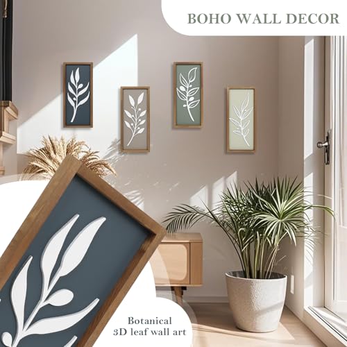 3D Tree Leaf Wooden Framed Boho Wall Art (Set of 4) Lightweight, Minimalist Botanical Farmhouse Bathroom Wall Decor For Living Room Bedroom Kitchen Office Hallway Decorations - color: Tree Leaf Brown
