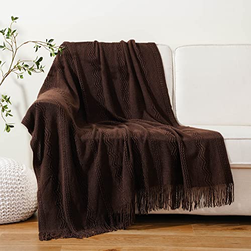 BATTILO HOME Brown Throw Blanket for Couch, Chocolate Knit Decorative Boho Throw for Home, Bed, 50"x60" - color: Brown Wavy, size: 50 x 60 in.