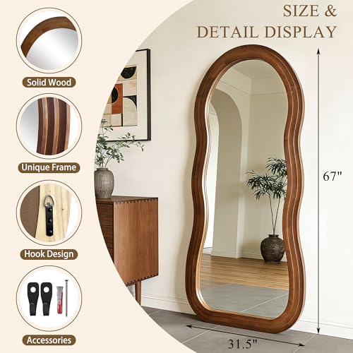 Wavy Full Length Mirror, 67"x31.5" Organic Floor Mirror with Triple-Layer Solid Wood Frame, Large Irregular Aesthetic Mirrors for Entryway Hallway Living Room, Leaning/Wall-Mounted - color: Walnut Wavy Frame, size: 67"L x 31.5"W