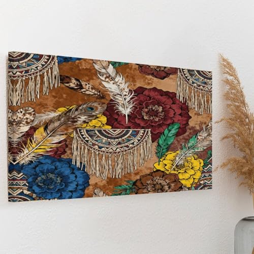 Boho Feather Fringe Art Wall Art Decor Framed 18x12 Inch, Wall Decor Poster for Bedroom Living Room Office Decor (Wooden Inner Frame) - size: 18"L x 12"W