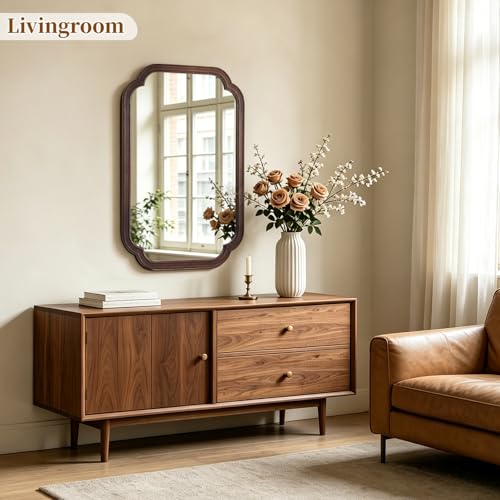 HOMECOOKIN Wood Bathroom Mirror for Wall Decor Arched Rounded Corner Rustic Wood Frame Wall Mirror Home Decorative for Vanity, Living Room, Bedroom, Entryway (20 x 30 inch, Walnut) - color: Walnut, size: 30"L x 20"W