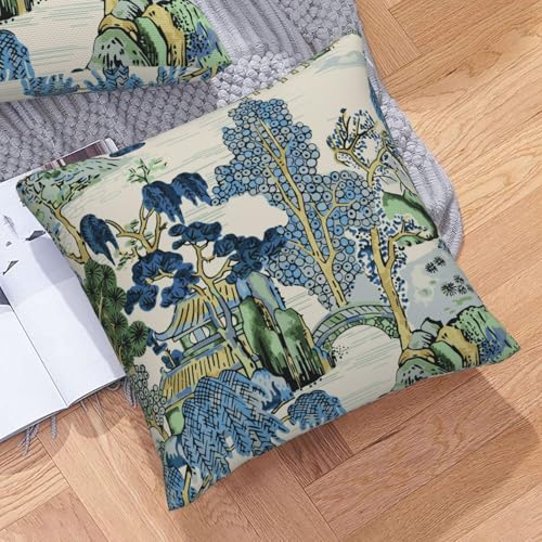 Chinoiserie Pillow Covers 18 x 18 Set of 2 Asian Scenic Throw Pillow Cover Vintage Blue and Green Farmhouse Decorative Pillowcases for Living Room Couch Bed Sofa Outdoor - color: Chinoiserie, size: 18" x 18" (Pack of 2)