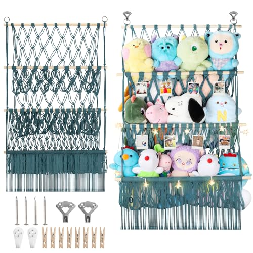 3 Tier Stuffed Animal Storage Shelf Net, 24x39 Inch Large Plushie Net w/LED Light & Clips for Mini Medium Stuffy Teddy, Aqua Boho Macrame Wall Toy Holder Display for Nursery Kids Girls Boys - color: Aqua, size: Large-3 Tier-24x39 Inch