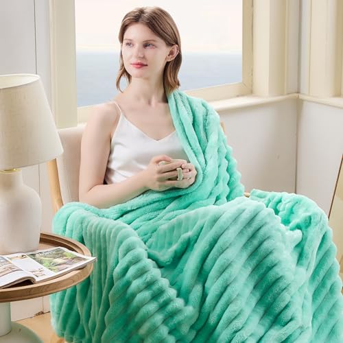 NEWCOSPLAY Super Soft Queen Blanket Aqua Premium Silky Flannel Fleece 3D Ribbed Jacquard Lightweight Bed Blanket All Season Use (Aqua Ribbed, Queen(90"x90")) - color: Aqua Ribbed, size: Queen(90"x90")