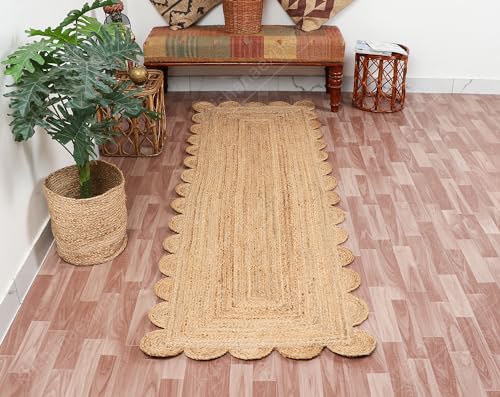 Hand Woven Natural Jute Scalloped Rug, Reversible Boho Entry Area Rugs for Kitchen, Living Room, Farmhouse Indoor Outdoor Decorative Floor-Rug, Bohemian Style Size 2x5 Ft - size: 2' x 5'