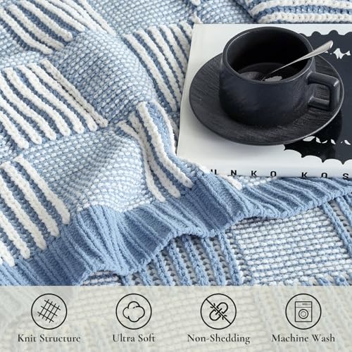 Amélie Home Knit Throw Blanket, Soft Chenille Cozy Breathable Dual Tone Checkered Chunky Decorative Blanket for Couch, Bed & Sofa, French Lightweight Warm Gift for Women, Washed Blue, 50"x60" - color: Checkered Blue&ivory, size: Dual Tone Checkered Knit 5