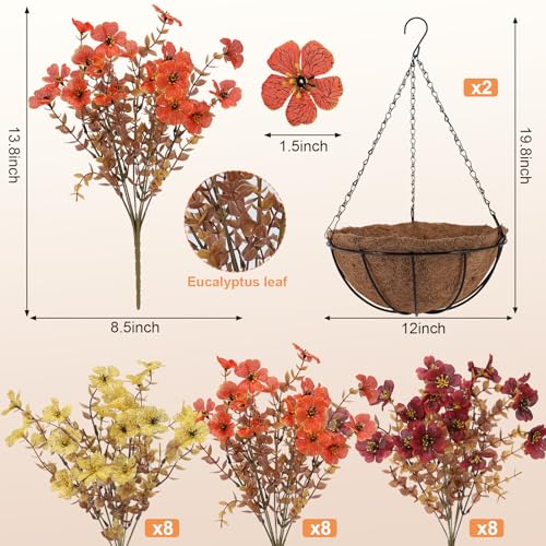 Geegoods 2 Set Artificial Hanging Basket Fall Flowers for Outdoor, Fake Faux UV Resistant Look Real Mixed Mums Plants for Autumn Porch Patio Balcony Yard Home Decor - color: Mix 3 Colors-2packs, size: 2 Packs