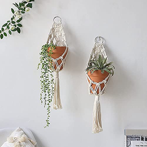 Artilady Boho Macrame Plant Hangers - Handmade Hemp Rope Hanging Baskets for Indoor Plants with Ceiling Hooks, Bohemian Home Decor Outdoor Wall Art (White Hanger-2pcs) - color: White Hanger-2pcs