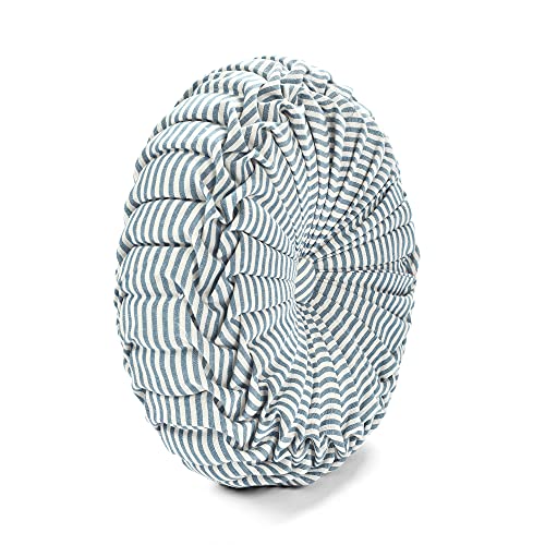 Lush Decor Farmhouse Ticking Stripe Yarn Dyed Pleated Decorative Throw Pillow, 14" Round, Blue - Round Pillow - Throw Pillows For Bed, Couch, Or Chair
