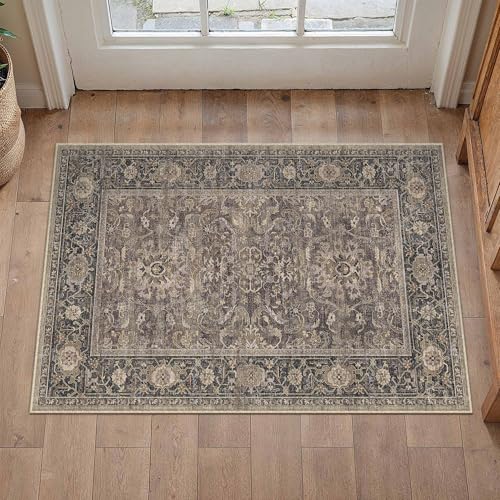 HUGEAR Brown Washable 2x3 Area Rugs for Entryway Hallway Door Mat Small Vintage Distressed Neutral Rug Carpet Durable Soft Non Slip & Shedding Stain Resistant Low Pile Indoor Home Decor - color: Retro | Brown, size: 2' x 3' (Rectangular)