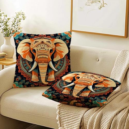 Firmiso Mandala Elephant Throw Pillow Covers 18x18 Set of 2 | Decorative Cushion Covers for Sofa Couch Bed | Boho Tribal Inspired Home Decor Pillow Cases | Orange Teal Accent - color: Boho Elephant