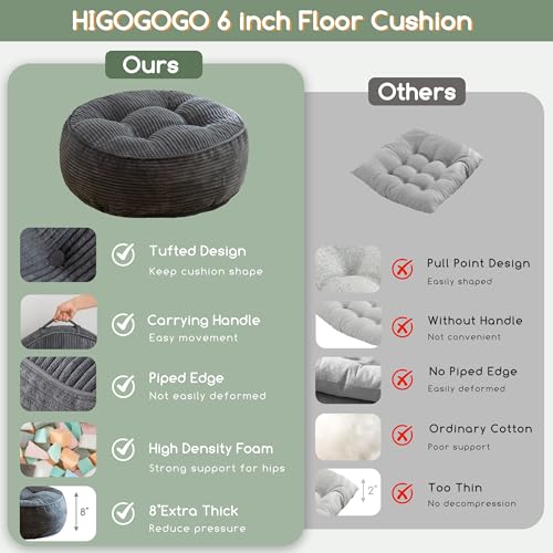 HIGOGOGO 8" Extra Thick Floor Pillow Cushion for Adults, Meditation Cushion Pillow, Large Round Floor Sitting, Tufted Corduroy Cover, for Tatami Living Room or Yoga, 22x22 Inch, Dark Grey - color: Round Dark Grey, size: 8" Thick(Pack of 1)