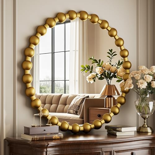 Easly Round Mirror for Wall, 24 Inch Gold Beaded Frame Decorative Vanity Mirror, Circle Bathroom Mirror with High-Definition Lense, Modern Wall Decor for Bathroom, Living Room, Bedroom, Entryway - color: Gold, size: 24"L x 24"W